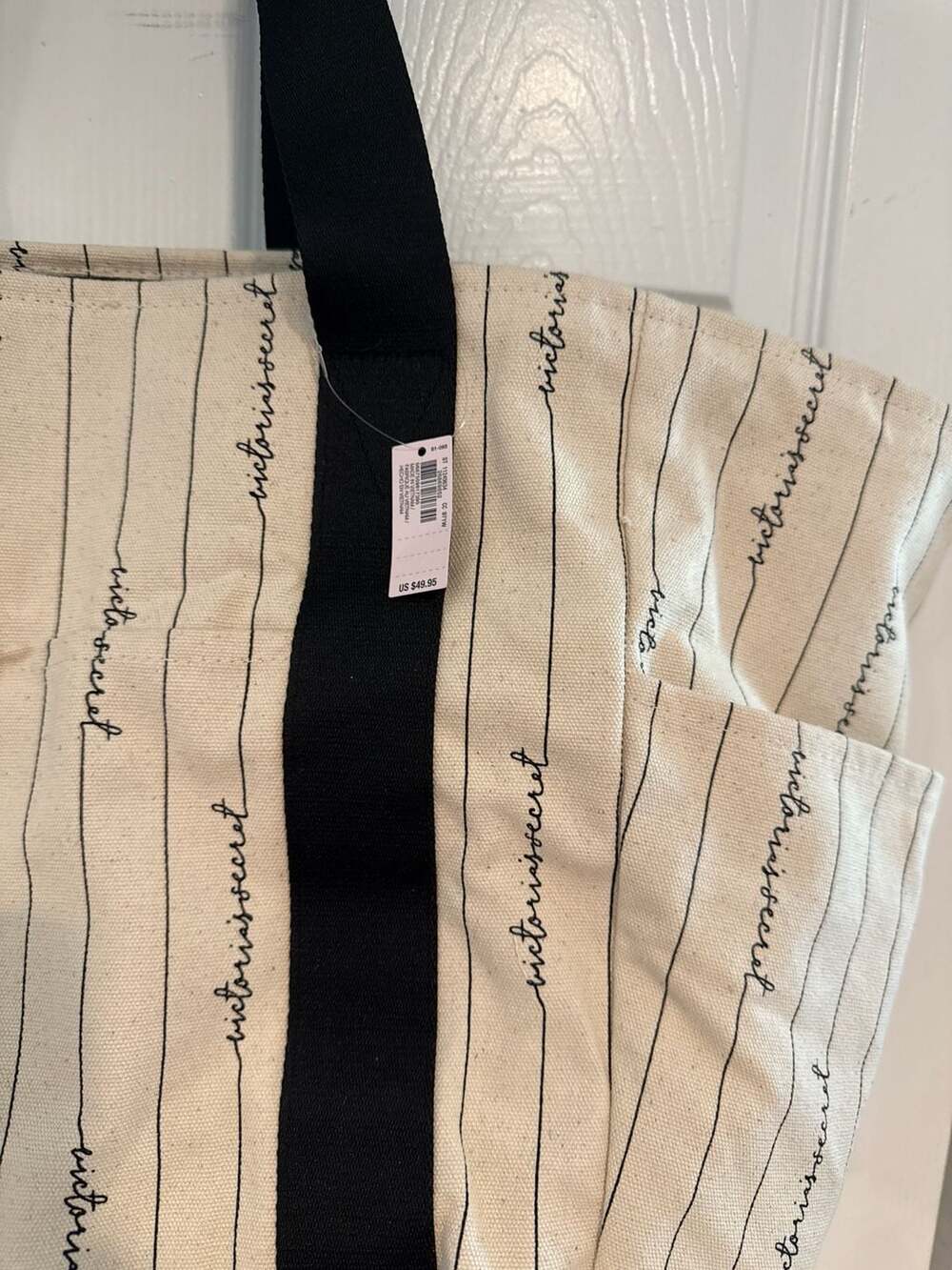 Victoria's Secret Canvas Logo Script Striped Zip-Top XL Tote Bag NWT - Picture 2 of 2